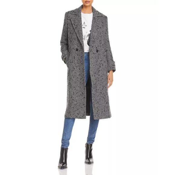 Anine Bing One Button Herringbone Long Coat Black White XS